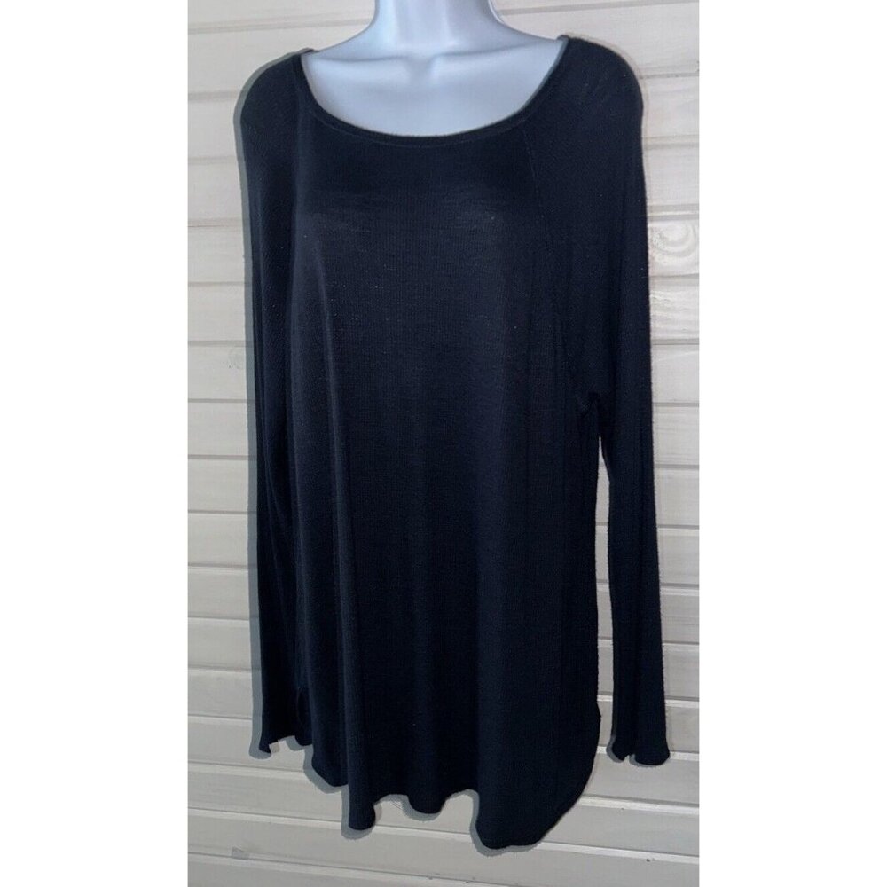 J Jill Sz XL Black Waffle Knit Tunic Top Rayon Spandex Scoop Neck L/S EUC